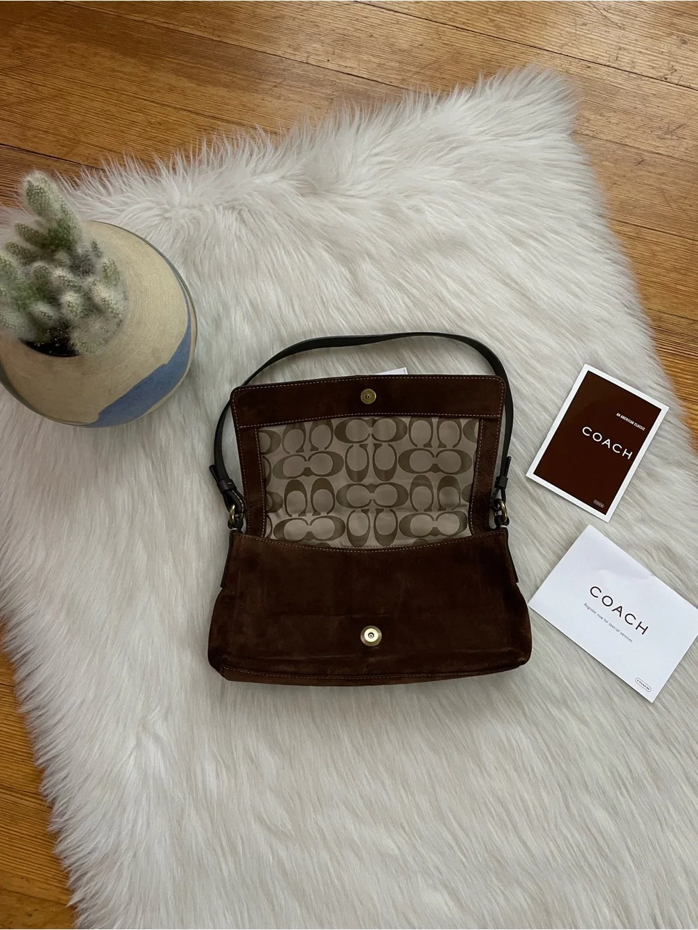 Coach Dark Brown Suede Shoulder Bag with Black Strap
